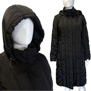 Calvin Klein Womens Black Duck Down Hooded Puffer Coat Size XS Long Parka Jacket